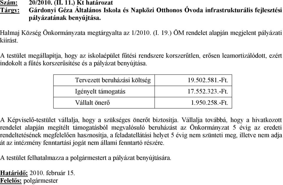 A testület megállapítja, hogy az iskolaépület fűtési rendszere korszerűtlen, erősen leamortizálódott, ezért indokolt a fűtés korszerűsítése és a pályázat benyújtása.