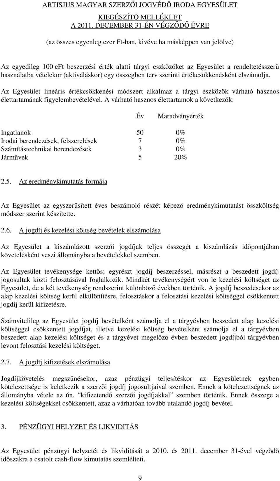 A várható hasznos élettartamok a következők: Év Maradványérték Ingatlanok 50