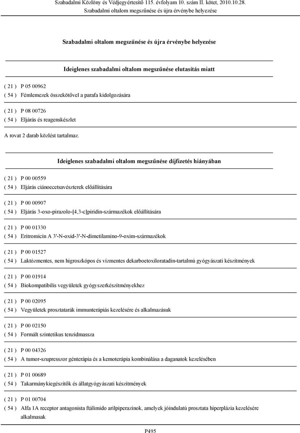 Ideiglenes szabadalmi oltalom megszűnése díjfizetés hiányában ( 21 ) P 00 00559 ( 54 ) Eljárás ciánoecetsavészterek előállítására ( 21 ) P 00 00907 ( 54 ) Eljárás