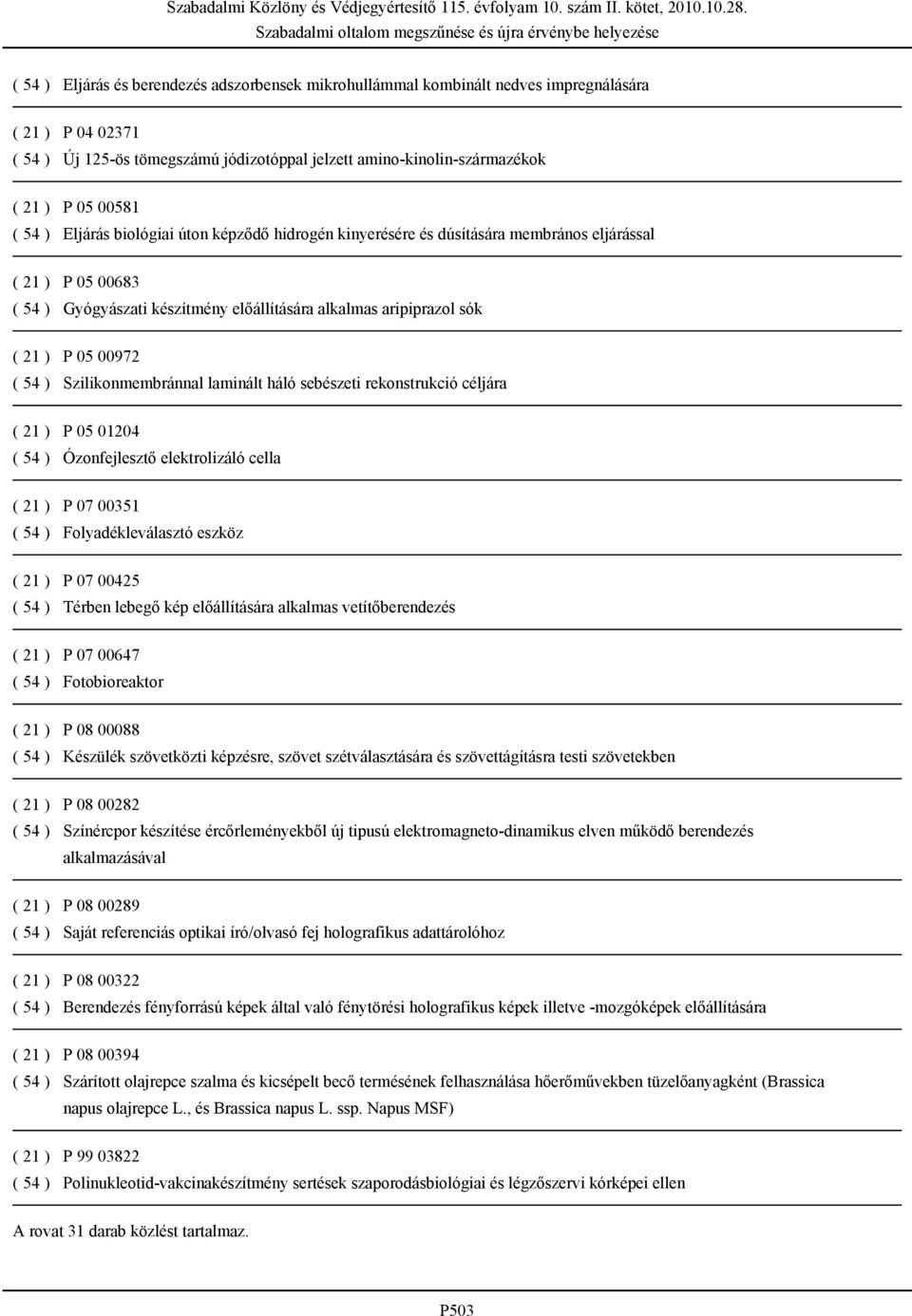 ( 54 ) Szilikonmembránnal laminált háló sebészeti rekonstrukció céljára ( 21 ) P 05 01204 ( 54 ) Ózonfejlesztő elektrolizáló cella ( 21 ) P 07 00351 ( 54 ) Folyadékleválasztó eszköz ( 21 ) P 07 00425