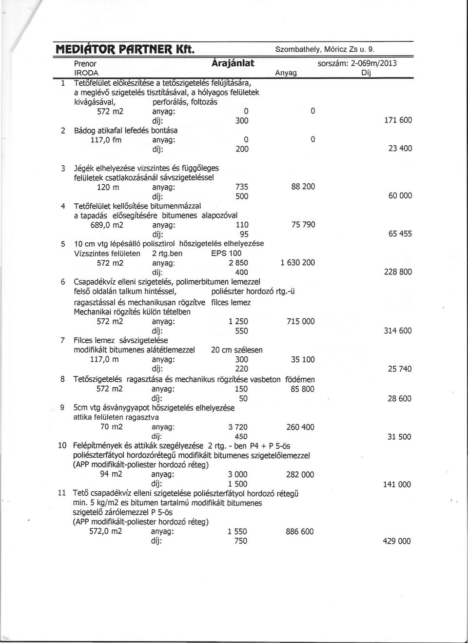 fltzás 572 m2 anyag: O 300 2 Bádg atikafallefedés bntása 117,0 fm anyag: O 200 Anyag O srszám: 2-069mj2013 171 600 23400 3 Jégék elhelyezésevizszintes és függőleges felületek