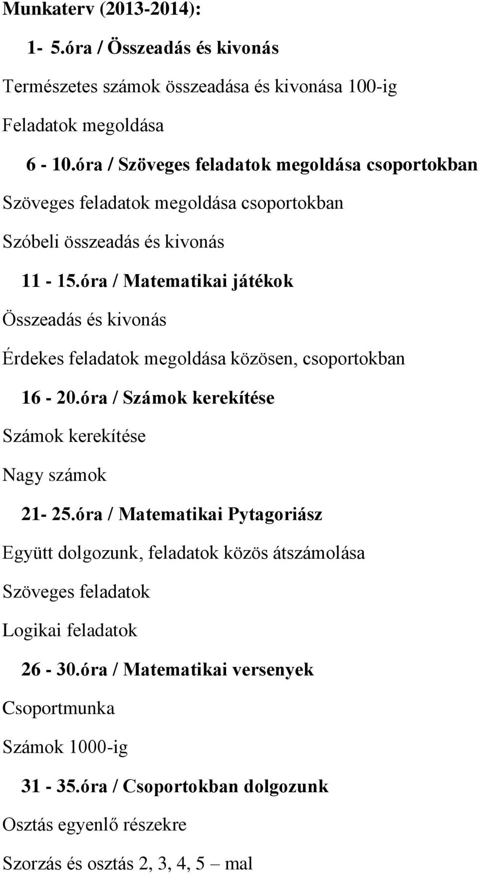 óra / Matematikai játékok Összeadás és kivonás Érdekes feladatok megoldása közösen, csoportokban 16-20.óra / Számok kerekítése Számok kerekítése Nagy számok 21-25.