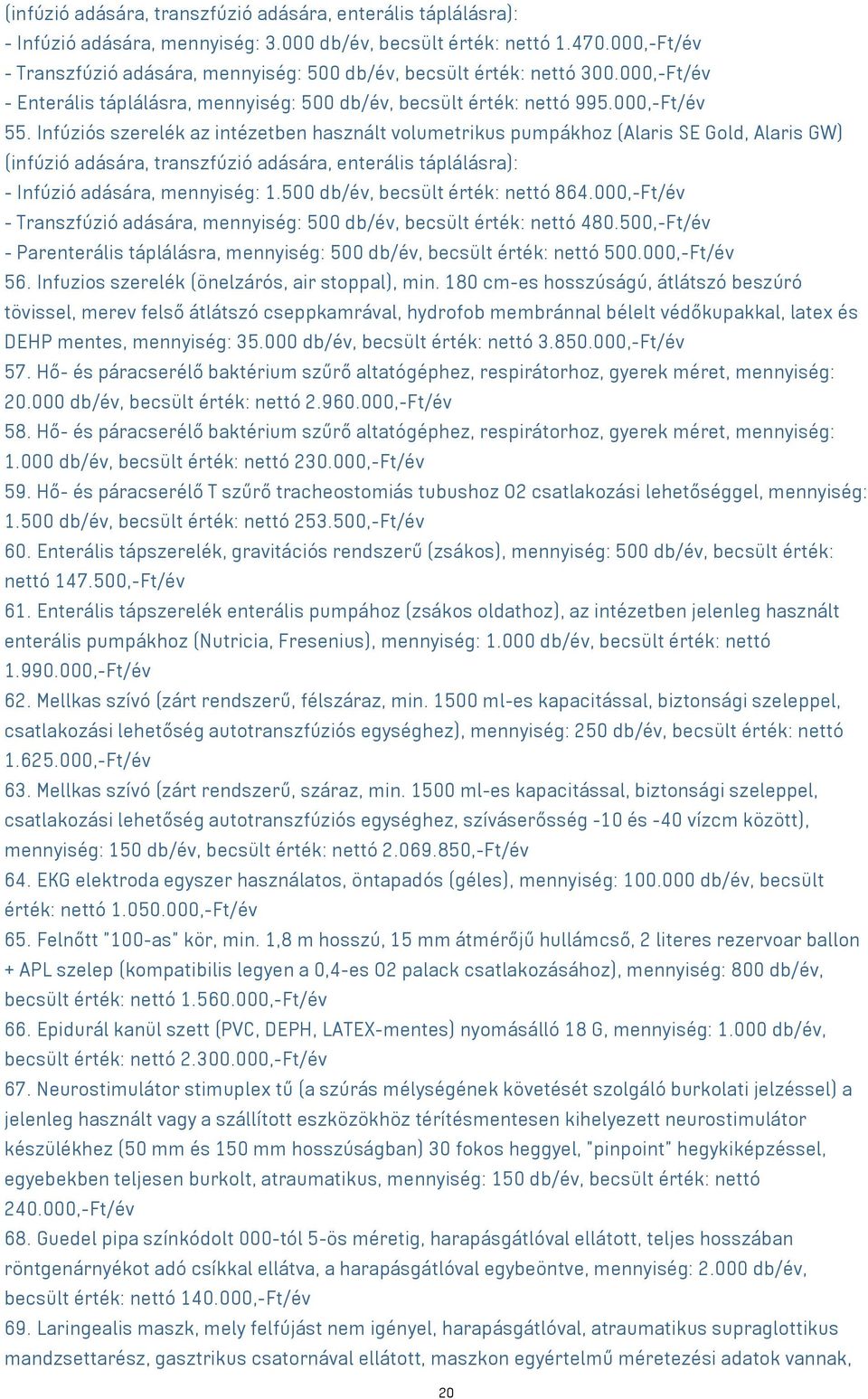 Infúziós szerelék az intézetben használt volumetrikus pumpákhoz (Alaris SE Gold, Alaris GW) (infúzió adására, transzfúzió adására, enterális táplálásra): - Infúzió adására, mennyiség: 1.