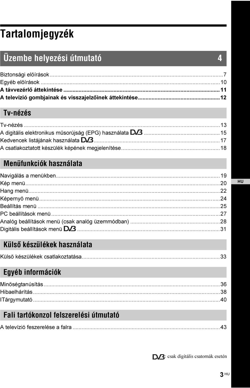 ..19 Kép menü...20 Hang menü...22 Képernyő menü...24 Beállítás menü...25 PC beállítások menü...27 Analóg beállítások menü (csak analóg üzemmódban)...28 Digitális beállítások menü.