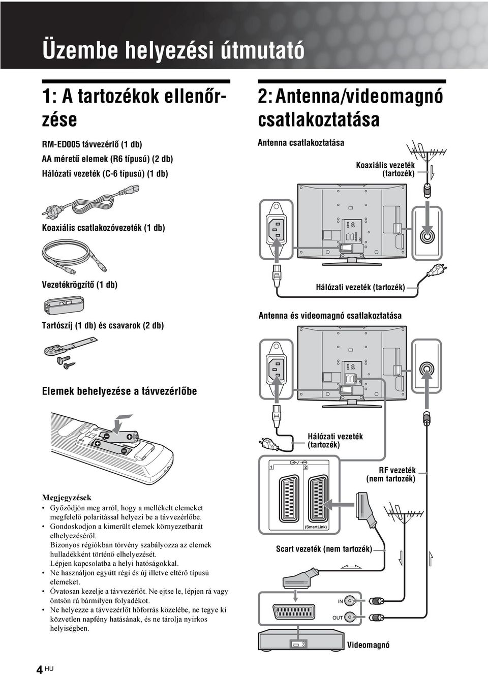 csatlakoztatása Elemek behelyezése a távvezérlõbe Hálózati vezeték (tartozék) RF vezeték (nem tartozék) Megjegyzések Győződjön meg arról, hogy a mellékelt elemeket megfelelő polaritással helyezi be a