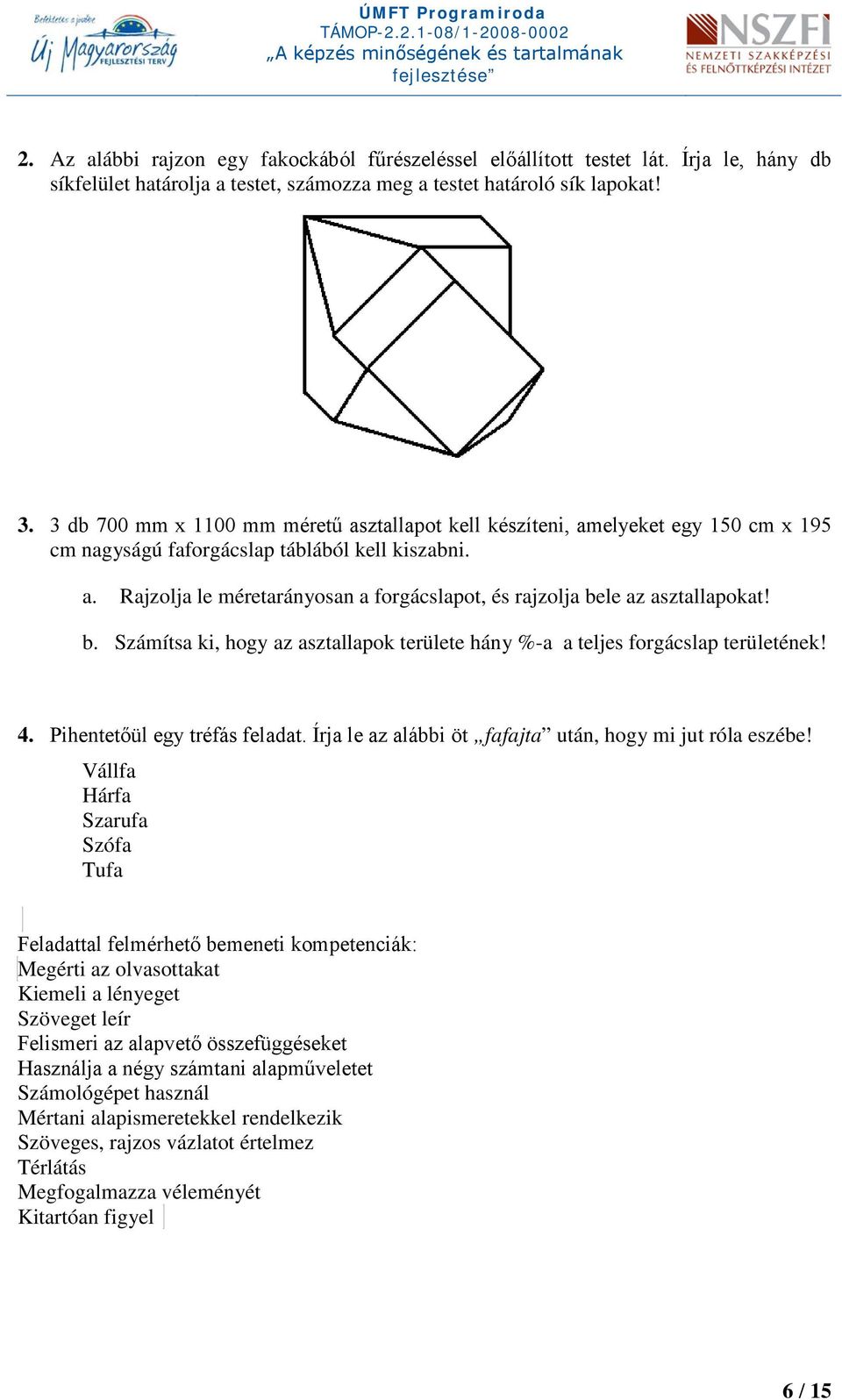 b. Számítsa ki, hogy az asztallapok területe hány %-a a teljes forgácslap területének! 4. Pihentetőül egy tréfás feladat. Írja le az alábbi öt fafajta után, hogy mi jut róla eszébe!