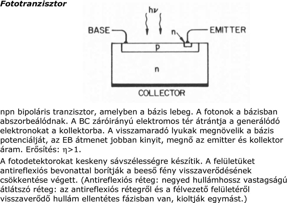 A visszamaradó lyukak megnövelik a bázis potenciálját, az EB átmenet jobban kinyit, megnő az emitter és kollektor áram. Erősítés: η>1.