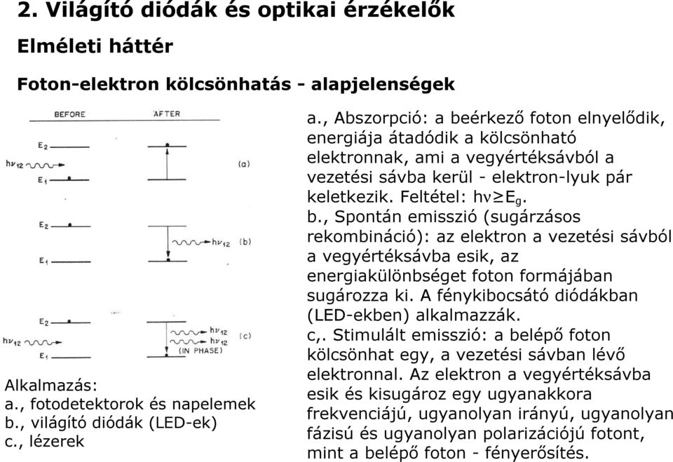 A fénykibocsátó diódákban (LED-ekben) alkalmazzák. c,. Stimulált emisszió: a belépő foton kölcsönhat egy, a vezetési sávban lévő elektronnal.