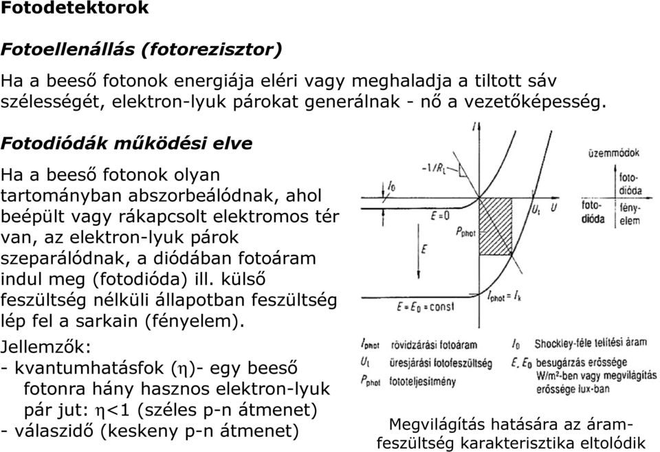 Fotodiódák működési elve Ha a beeső fotonok olyan tartományban abszorbeálódnak, ahol beépült vagy rákapcsolt elektromos tér van, az elektron-lyuk párok szeparálódnak, a