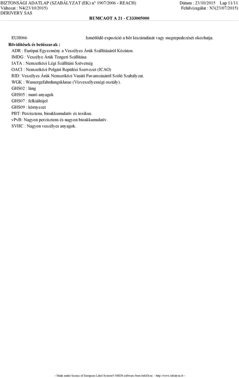 IMDG : Veszélye Árúk Tengeri Szállítása IATA : Nemzetközi Légi Szállítási Szövetség OACI : Nemzetközi Polgári Repülési Szervezet (ICAO) RID: Veszélyes Árúk Nemzetközi Vasúti