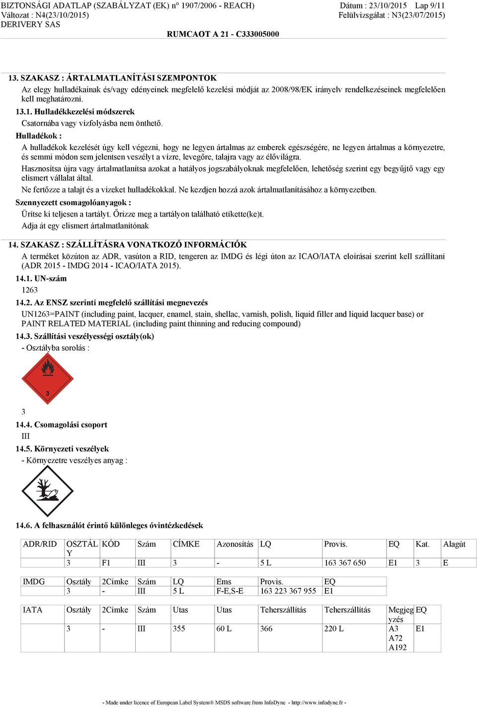 .1. Hulladékkezelési módszerek Csatornába vagy vízfolyásba nem önthető.