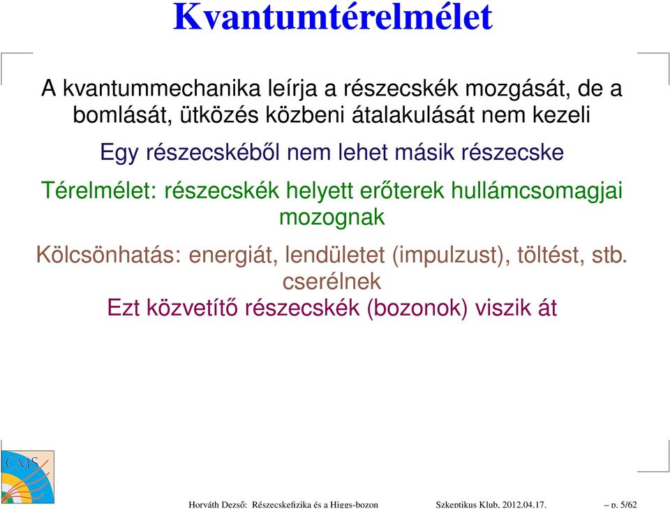 átalakulását nem kezeli Egy részecskéből nem lehet másik részecske Térelmélet: részecskék helyett erőterek