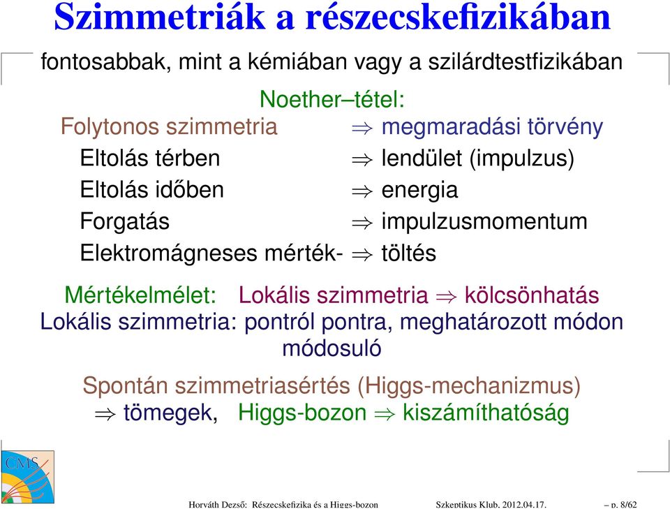 megmaradási törvény Eltolás térben lendület (impulzus) Eltolás időben energia Forgatás impulzusmomentum Elektromágneses mérték- töltés