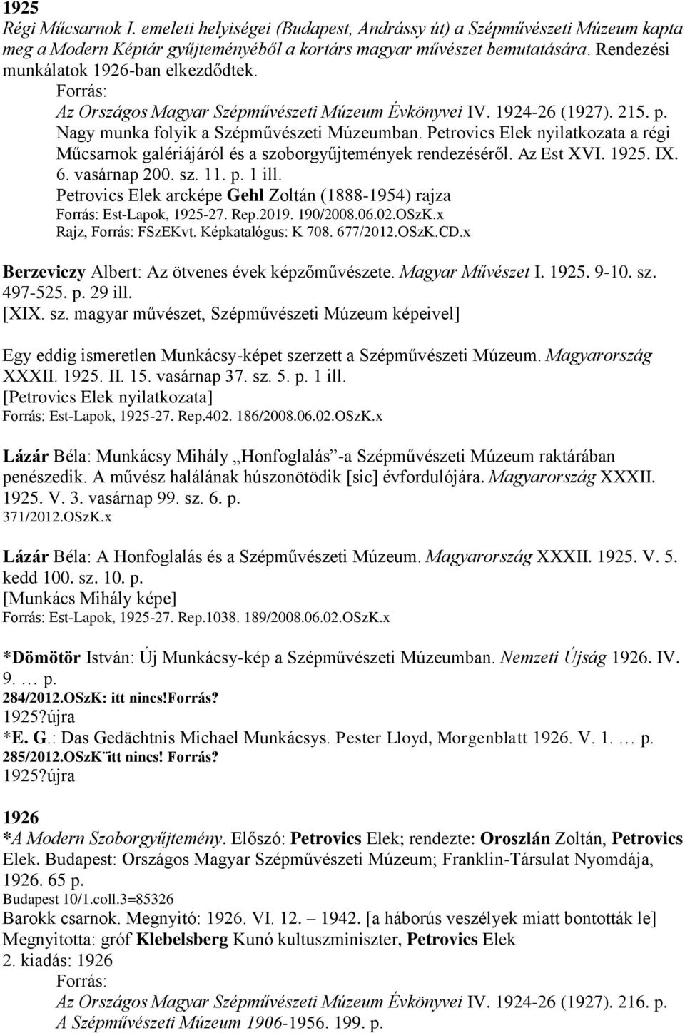 Petrovics Elek nyilatkozata a régi Műcsarnok galériájáról és a szoborgyűjtemények rendezéséről. Az Est XVI. 1925. IX. 6. vasárnap 200. sz. 11. p. 1 ill.