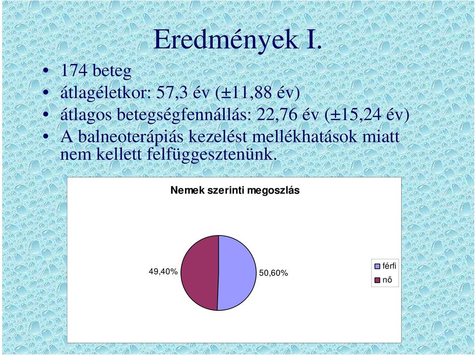 betegségfennállás: 22,76 év (±15,24 év) A balneoterápiás