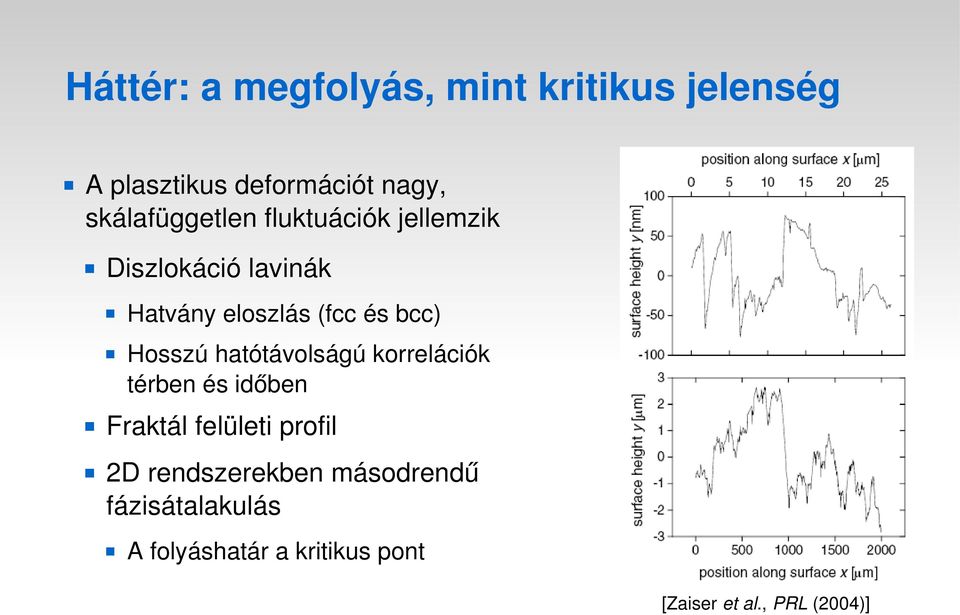 bcc) Hosszú hatótávolságú korrelációk térben és időben Fraktál felületi profil 2D