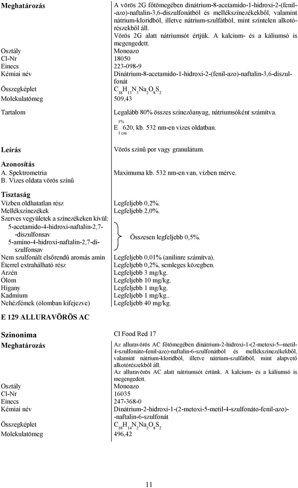 Monoazo Cl-Nr 18050 Einecs 223-098-9 Összegképlet C 18 H 13 N 3 Na 2 O 8 S 2 Molekulatömeg 509,43 Dinátrium-8-acetamido-1-hidroxi-2-(fenil-azo)-naftalin-3,6-diszulfonát Legalább 80% összes
