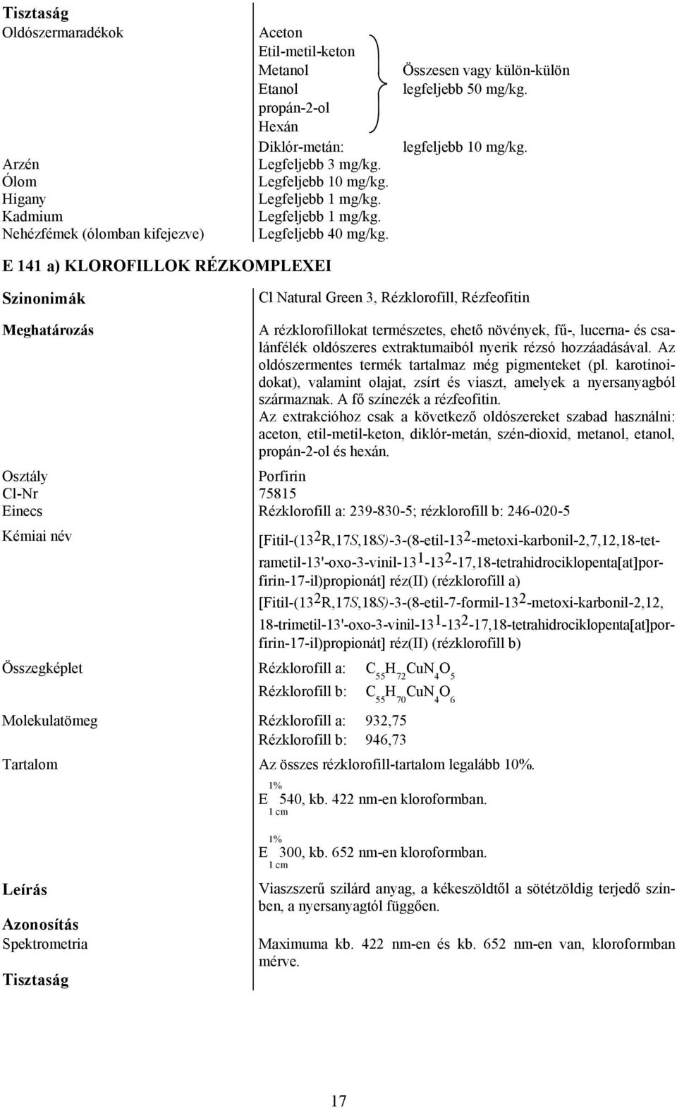 E 141 a) KLOROFILLOK RÉZKOMPLEXEI Szinonimák Cl Natural Green 3, Rézklorofill, Rézfeofitin A rézklorofillokat természetes, ehető növények, fű-, lucerna- és csalánfélék oldószeres extraktumaiból