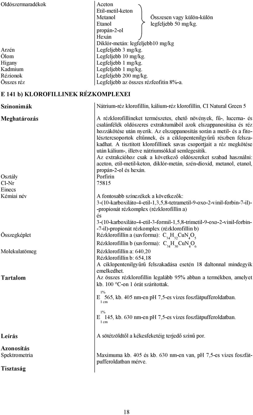E 141 b) KLOROFILLINEK RÉZKOMPLEXEI Szinonimák Nátrium-réz klorofillin, kálium-réz klorofillin, CI Natural Green 5 Cl-Nr 75815 Einecs A rézklorofillineket természetes, ehető növények, fű-, lucerna-