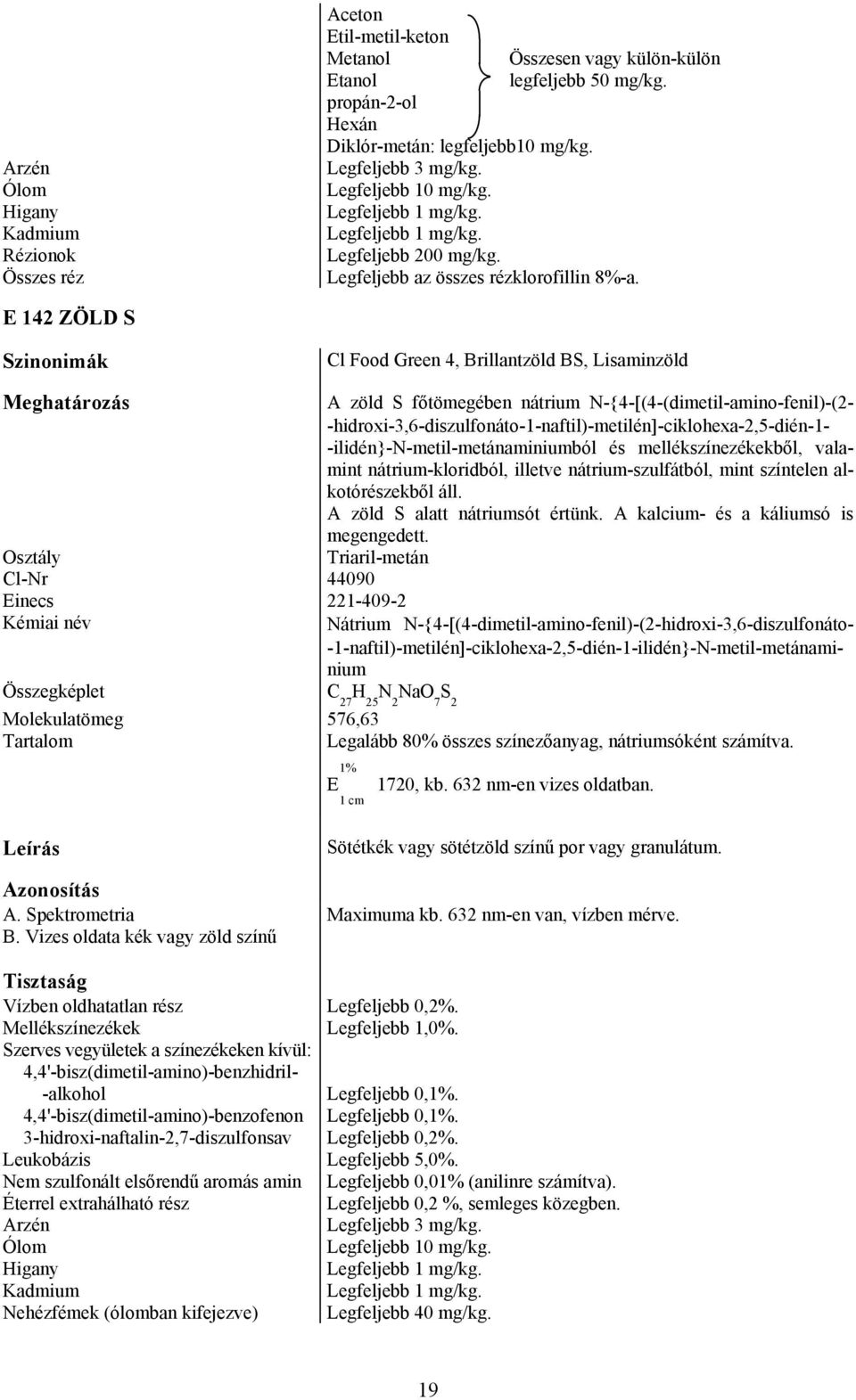 E 142 ZÖLD S Szinonimák Cl Food Green 4, Brillantzöld BS, Lisaminzöld A zöld S főtömegében nátrium N-{4-[(4-(dimetil-amino-fenil)-(2-
