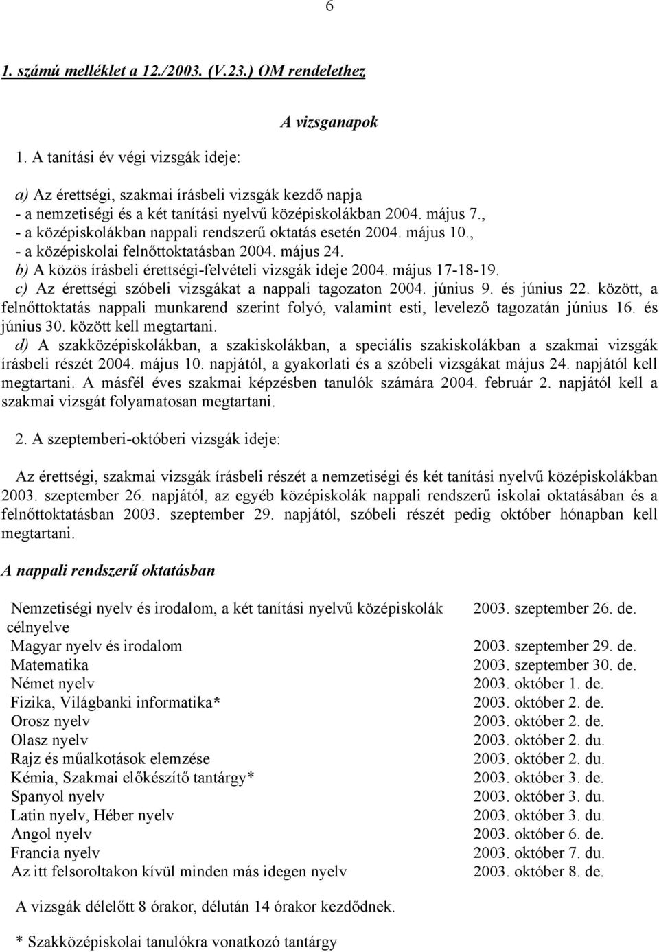 , - a középiskolákban nappali rendszerű oktatás esetén 2004. május 10., - a középiskolai felnőttoktatásban 2004. május 24. b) A közös írásbeli érettségi-felvételi vizsgák ideje 2004. május 17-18-19.