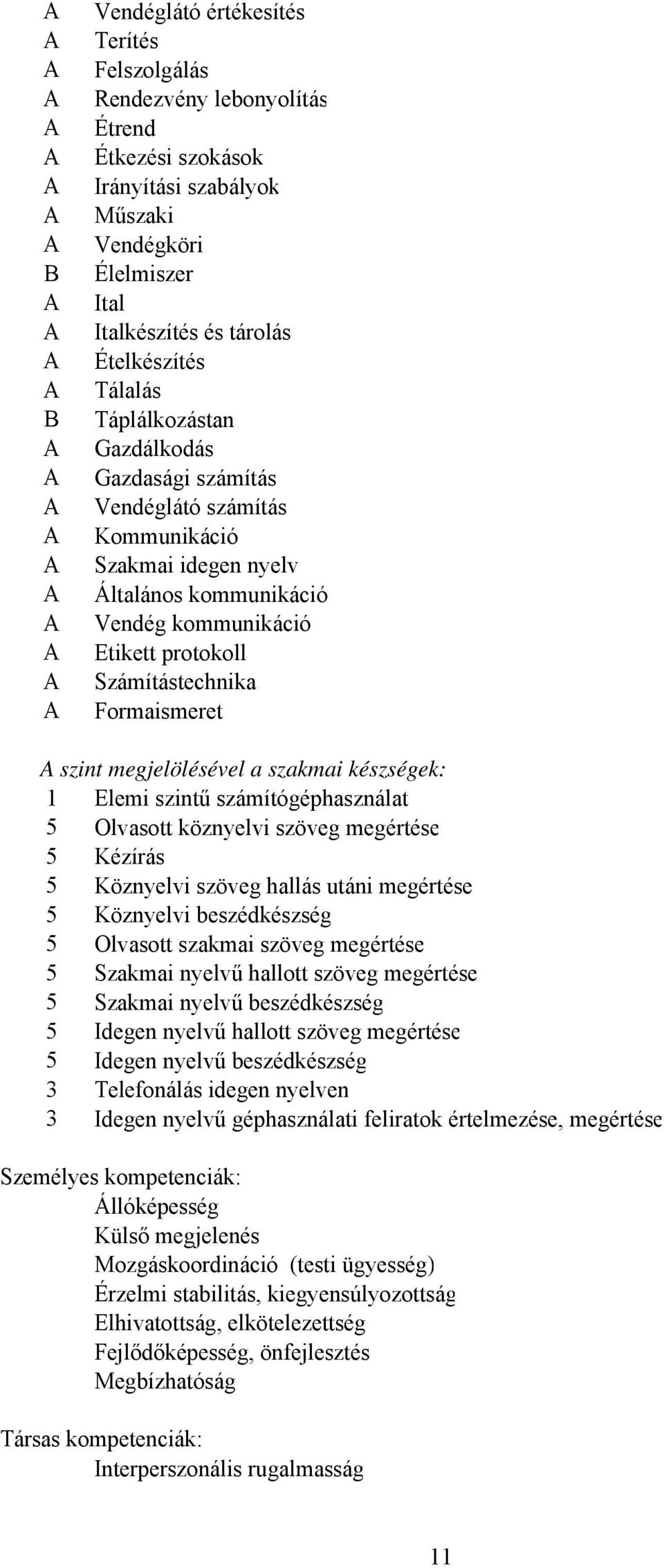 megjelölésével a szakmai készségek: 1 Elemi szintű számítógéphasználat 5 Olvasott köznyelvi szöveg megértése 5 Kézírás 5 Köznyelvi szöveg hallás utáni megértése 5 Köznyelvi beszédkészség 5 Olvasott