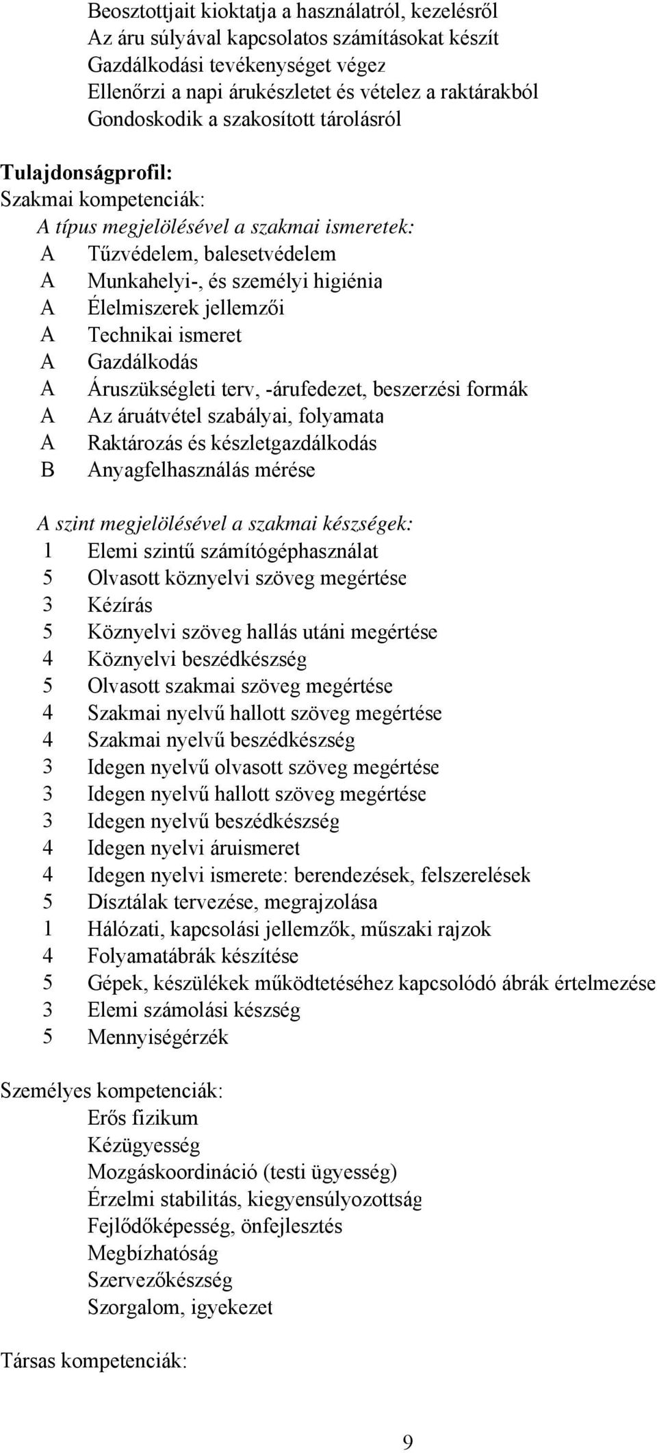 ismeret Gazdálkodás Áruszükségleti terv, -árufedezet, beszerzési formák z áruátvétel szabályai, folyamata Raktározás és készletgazdálkodás B nyagfelhasználás mérése szint megjelölésével a szakmai