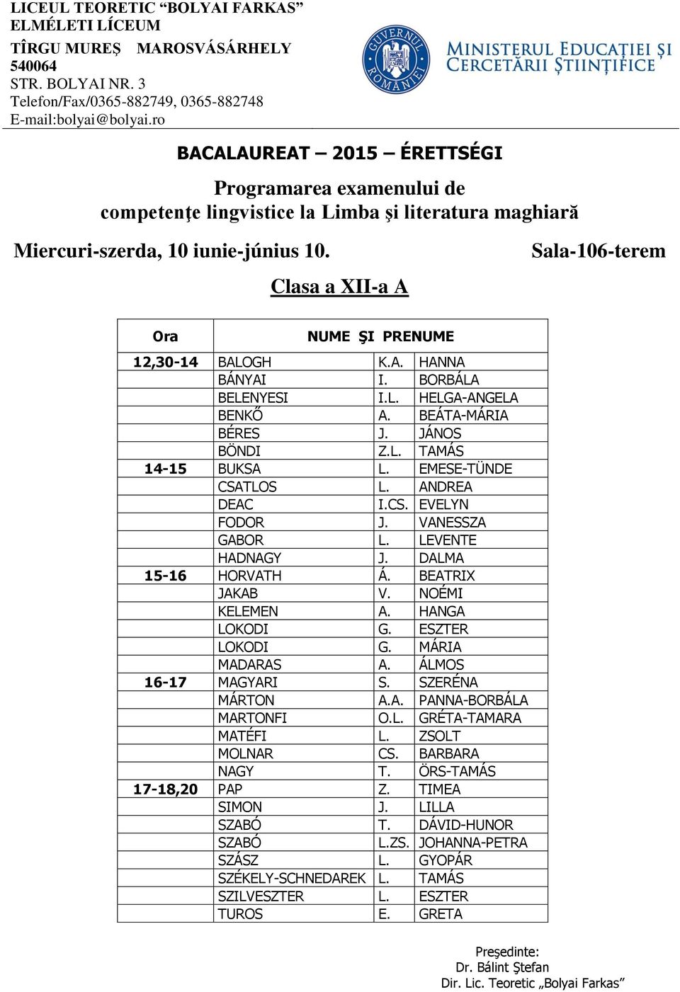 ESZTER LOKODI G. MÁRIA MADARAS A. ÁLMOS 16-17 MAGYARI S. SZERÉNA MÁRTON A.A. PANNA-BORBÁLA MARTONFI O.L. GRÉTA-TAMARA MATÉFI L. ZSOLT MOLNAR CS. BARBARA NAGY T.