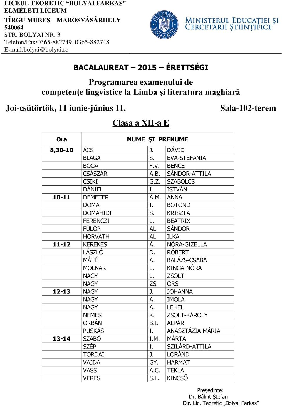 RÓBERT MÁTÉ A. BALÁZS-CSABA MOLNAR L. KINGA-NÓRA NAGY L. ZSOLT NAGY ZS. ÖRS 12-13 NAGY J. JOHANNA NAGY A. IMOLA NAGY A. LEHEL NEMES K. ZSOLT-KÁROLY ORBÁN B.I. ALPÁR PUSKÁS I.