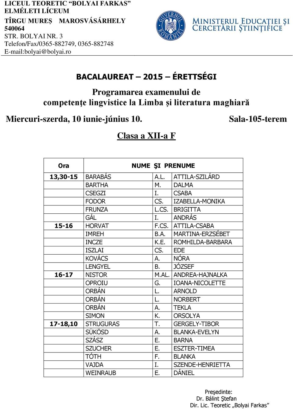 JÓZSEF 16-17 NISTOR M.AL. ANDREA-HAJNALKA OPROIU G. IOANA-NICOLETTE ORBÁN L. ARNOLD ORBÁN L. NORBERT ORBÁN A. TEKLA SIMON K.