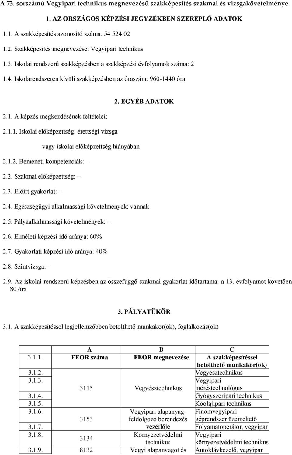 1.1. Iskolai előképzettség: érettségi vizsga vagy iskolai előképzettség hiányában 2.1.2. Bemeneti kompetenciák: 2.2. Szakmai előképzettség: 2.3. Előírt gyakorlat: 2. EGYÉB ADATOK 2.4.