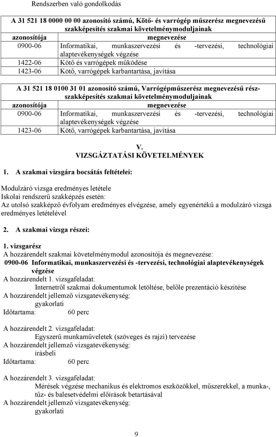 Varrógépműszerész megnevezésű részszakképesítés szakmai követelménymoduljainak azonosítója megnevezése 0900-06 Informatikai, munkaszervezési és -tervezési, technológiai alaptevékenységek végzése