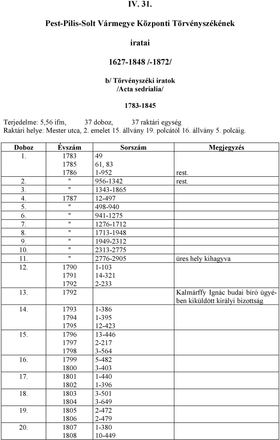 utca, 2. emelet 15. állvány 19. polcától 16. állvány 5. polcáig. 14. 1793 1794 1795 15. 1796 1797 1798 16. 1799 1800 17. 1801 1802 18. 1803 1804 19. 1805 1806 20.