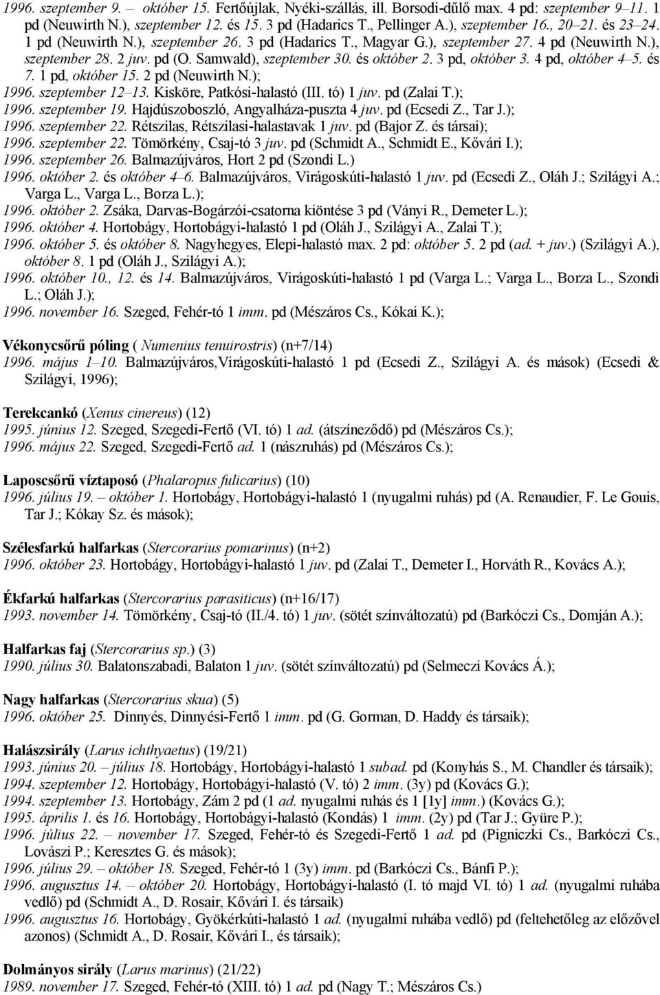 3 pd, október 3. 4 pd, október 4 5. és 7. 1 pd, október 15. 2 pd (Neuwirth N.); 1996. szeptember 12 13. Kisköre, Patkósi-halastó (III. tó) 1 juv. pd (Zalai T.); 1996. szeptember 19.