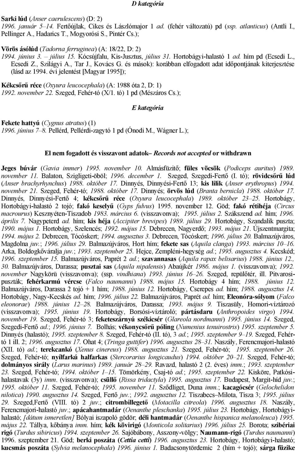 , Tar J., Kovács G. és mások): korábban elfogadott adat időpontjának kiterjesztése (lásd az 1994. évi jelentést [Magyar 1995]); Kékcsőrű réce (Oxyura leucocephala) (A: 1988 óta 2, D: 1) 1992.