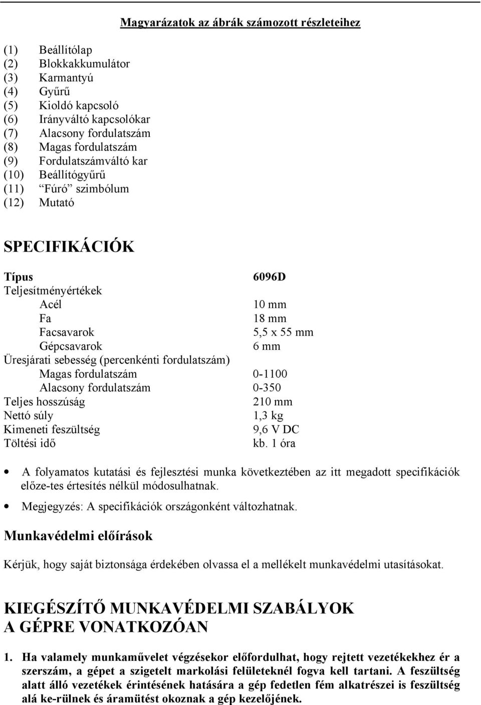 Üresjárati sebesség (percenkénti fordulatszám) Magas fordulatszám 0-1100 Alacsony fordulatszám 0-350 Teljes hosszúság 210 mm Nettó súly 1,3 kg Kimeneti feszültség 9,6 V DC Töltési idő kb.