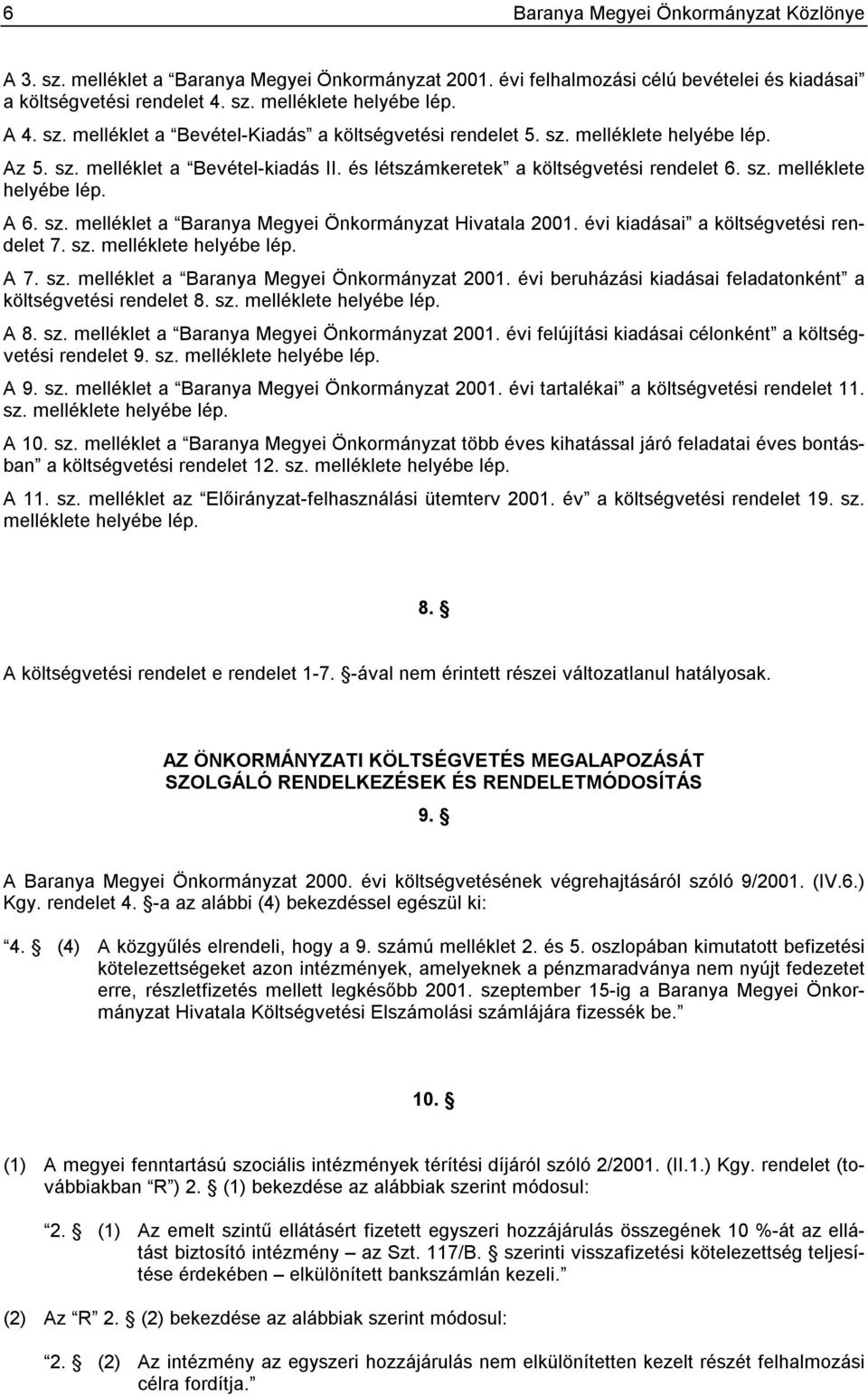 sz. melléklet a Baranya Megyei Önkormányzat Hivatala 2001. évi kiadásai a költségvetési rendelet 7. sz. melléklete helyébe lép. A 7. sz. melléklet a Baranya Megyei Önkormányzat 2001.