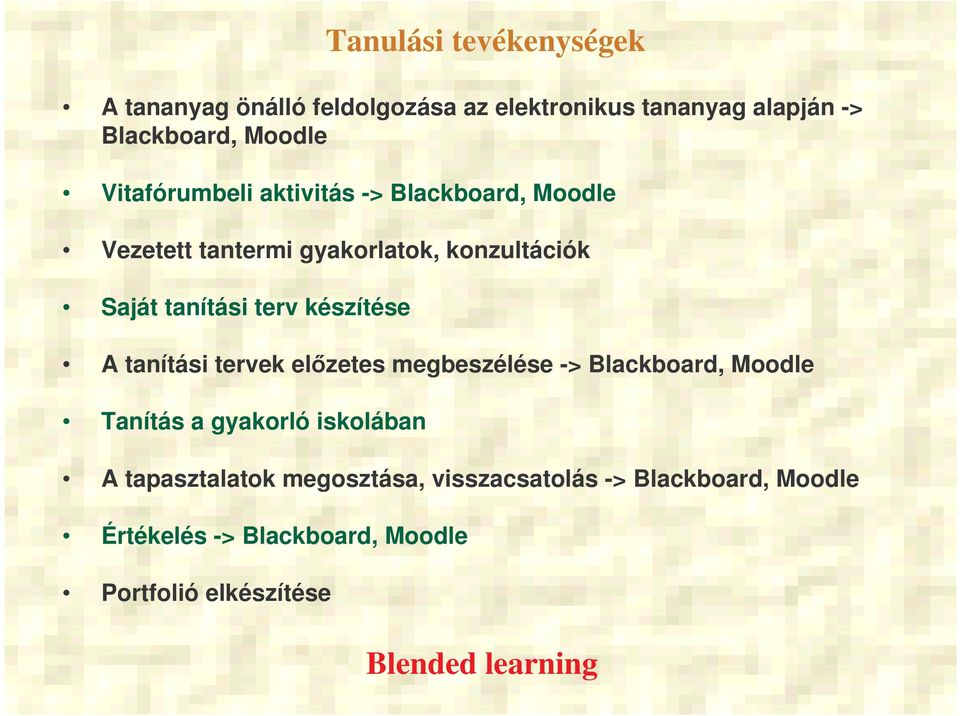 készítése A tanítási tervek elzetes megbeszélése -> Blackboard, Moodle Tanítás a gyakorló iskolában A