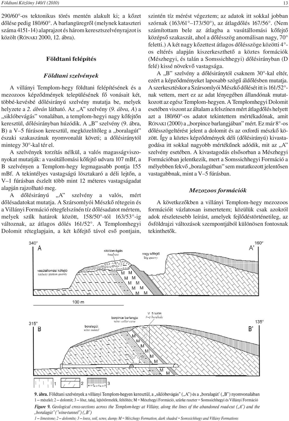 Földtani felépítés Földtani szelvények A villányi Templom-hegy földtani felépítésének és a mezozoos képződmények településének fő vonásait két, többé-kevésbé dőlésirányú szelvény mutatja be, melyek