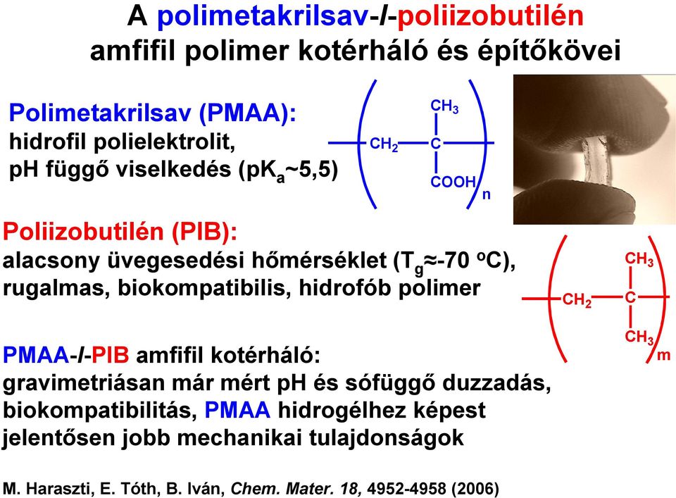 biokompatibilis, hidrofób polimer PMAA-l-PIB amfifil kotérháló: gravimetriásan már mért ph és sófüggő duzzadás,