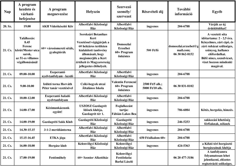 00 Sakk Klub 21. Cs. 14.30-15.15 3-1-2 meridiántorna 21. Cs. 15.15-16.45 ETKA jóga 21. Cs. 16.00-18.