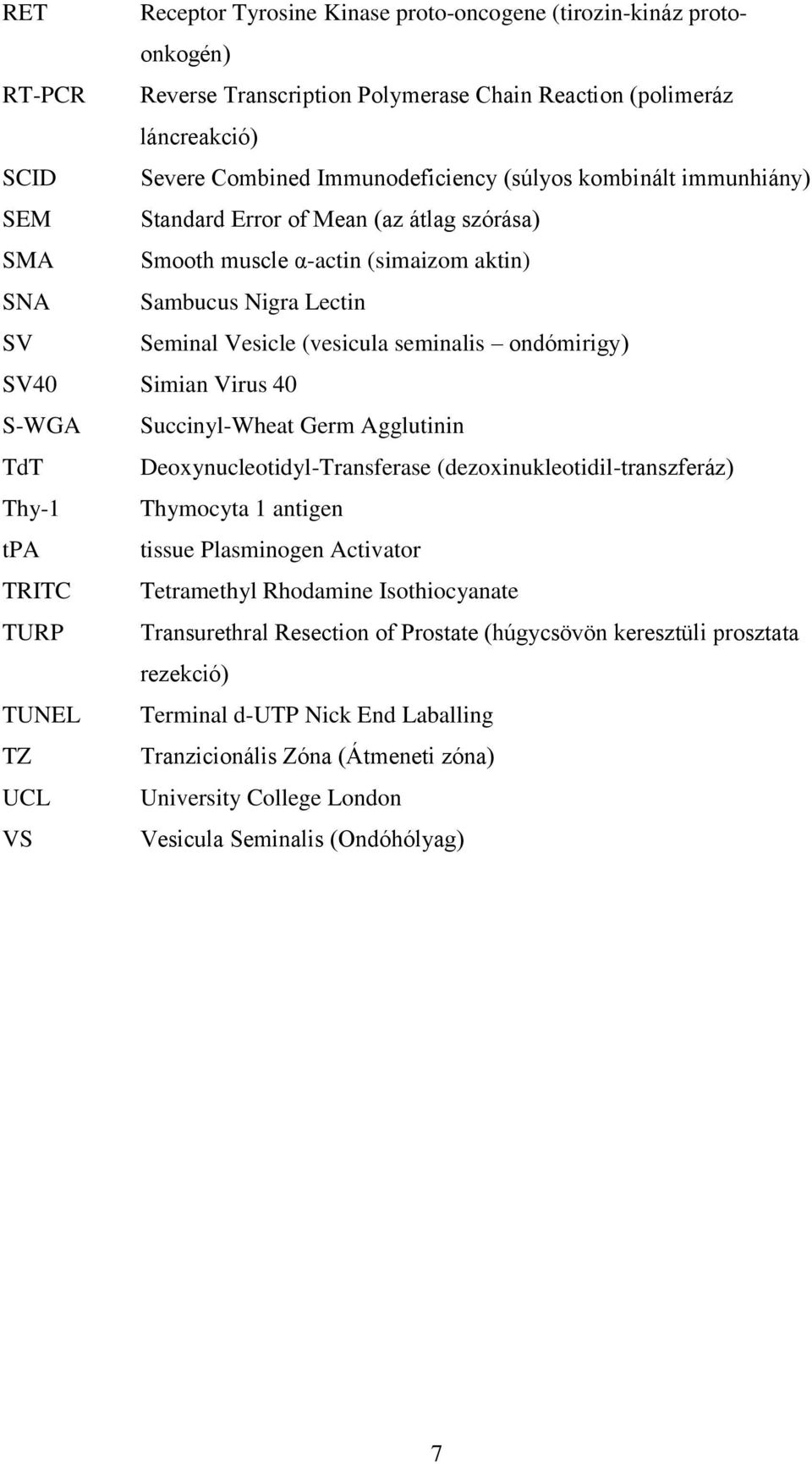 Virus 40 S-WGA Succinyl-Wheat Germ Agglutinin TdT Deoxynucleotidyl-Transferase (dezoxinukleotidil-transzferáz) Thy-1 Thymocyta 1 antigen tpa tissue Plasminogen Activator TRITC Tetramethyl Rhodamine