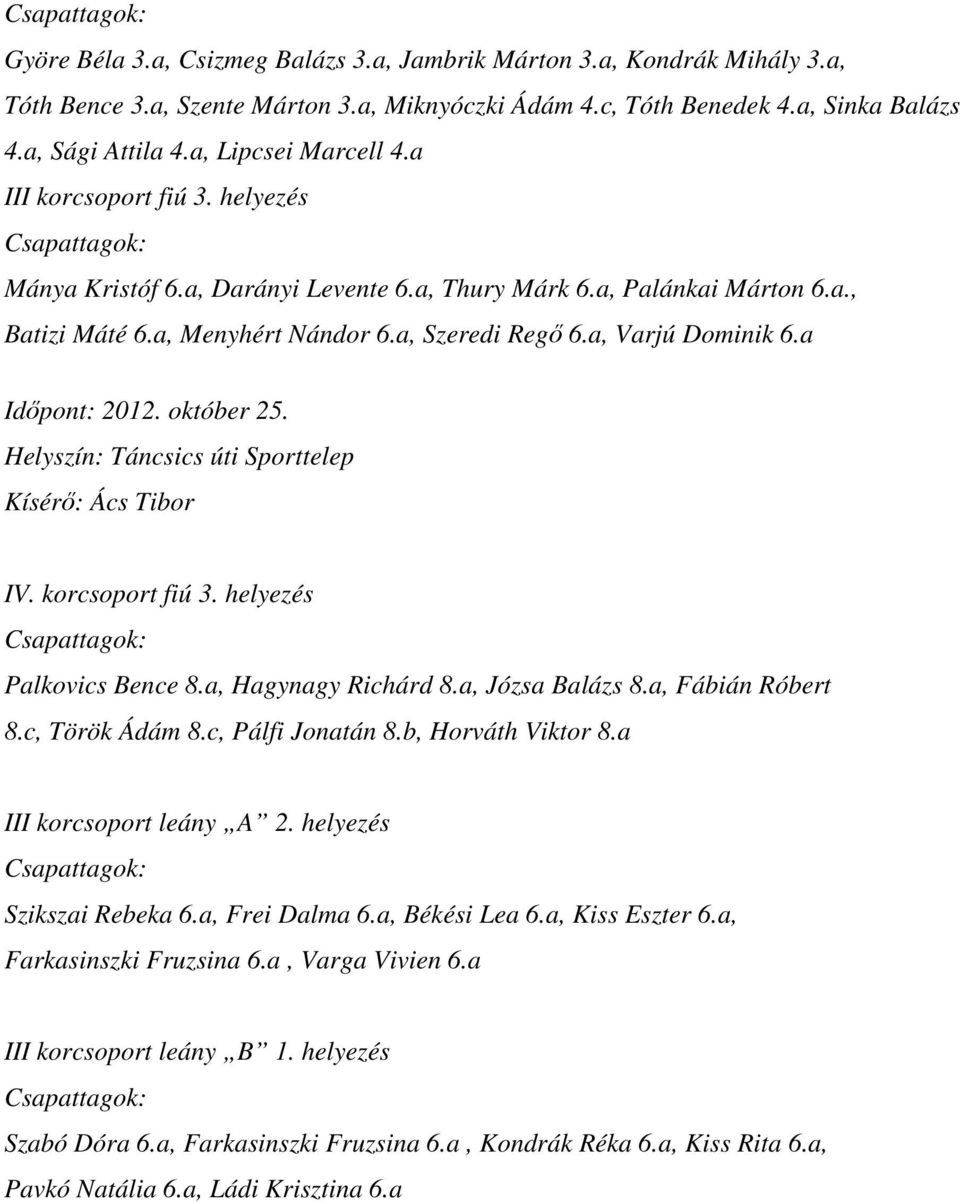 a, Varjú Dominik 6.a Időpont: 2012. október 25. Helyszín: Táncsics úti Sporttelep Kísérő: Ács Tibor IV. korcsoport fiú 3. helyezés Csapattagok: Palkovics Bence 8.a, Hagynagy Richárd 8.