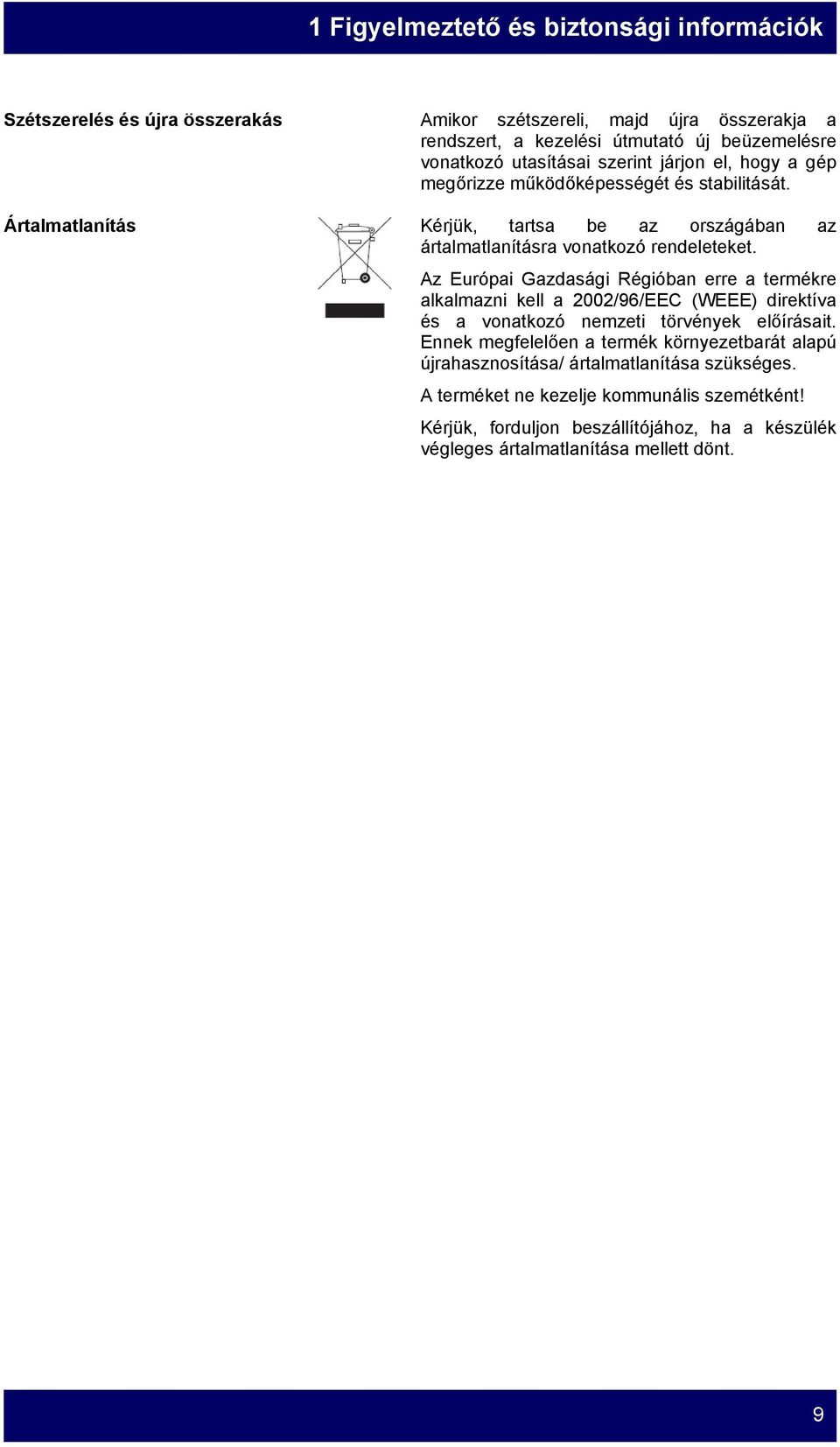 Az Európai Gazdasági Régióban erre a termékre alkalmazni kell a 2002/96/EEC (WEEE) direktíva és a vonatkozó nemzeti törvények előírásait.