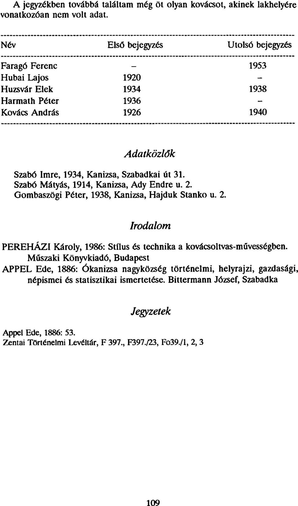 Szabadkai út 31. Szabó Mátyás, 1914, Kanizsa, Ady Endre u. 2. Gombaszögi Péter, 1938, Kanizsa, Hajduk Stanko u. 2. Irodalom PEREHÁZI Károly, 1986: Stílus és technika a kovácsoltvasművességben.