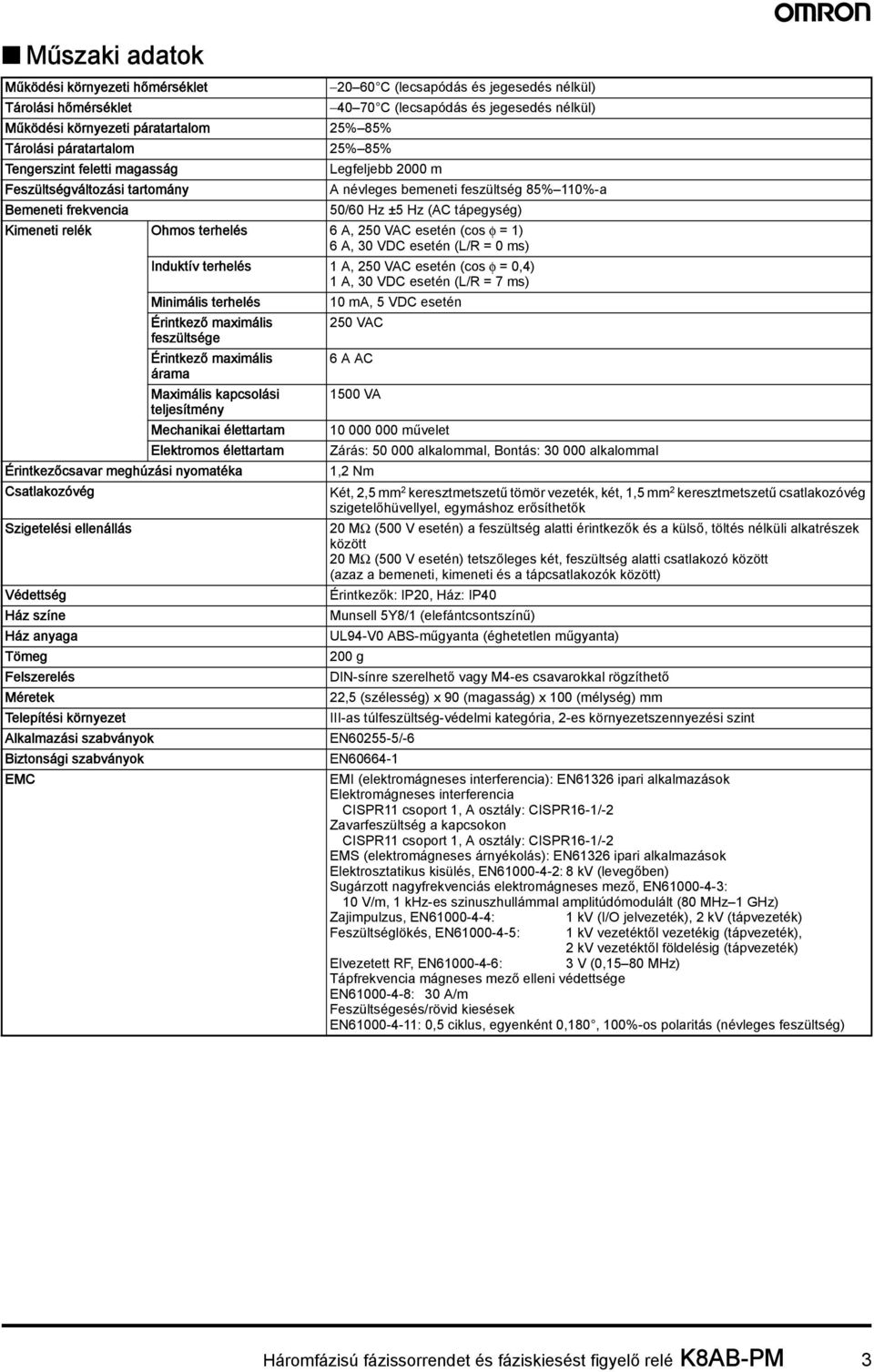 relék Ohmos terhelés 6 A, 250 VAC esetén (cos φ = 1) 6 A, 30 VDC esetén (L/R = 0 ms) Induktív terhelés 1 A, 250 VAC esetén (cos φ = 0,4) 1 A, 30 VDC esetén (L/R = 7 ms) Minimális terhelés 10 ma, 5
