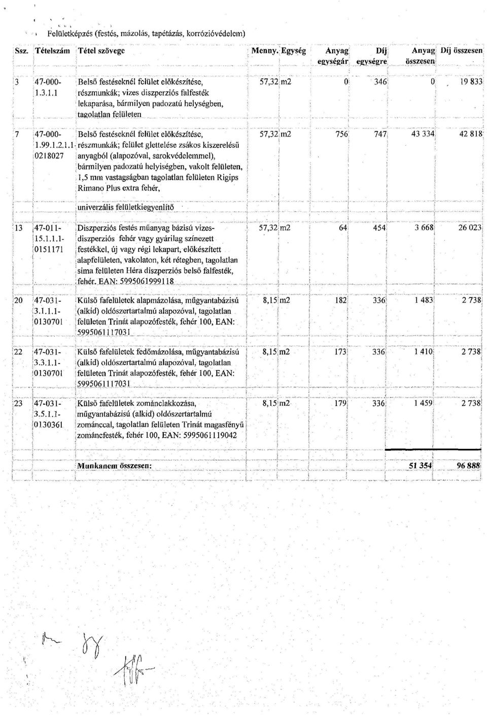 3.1.1 részmunkák; vizes diszperziós falfesték lekaparása, bármilyen padozatú helységben, tagolatlan felületen 57,32 m2 0 346 0 19 833 47-000- Belső festéseknél felület előkészítése,