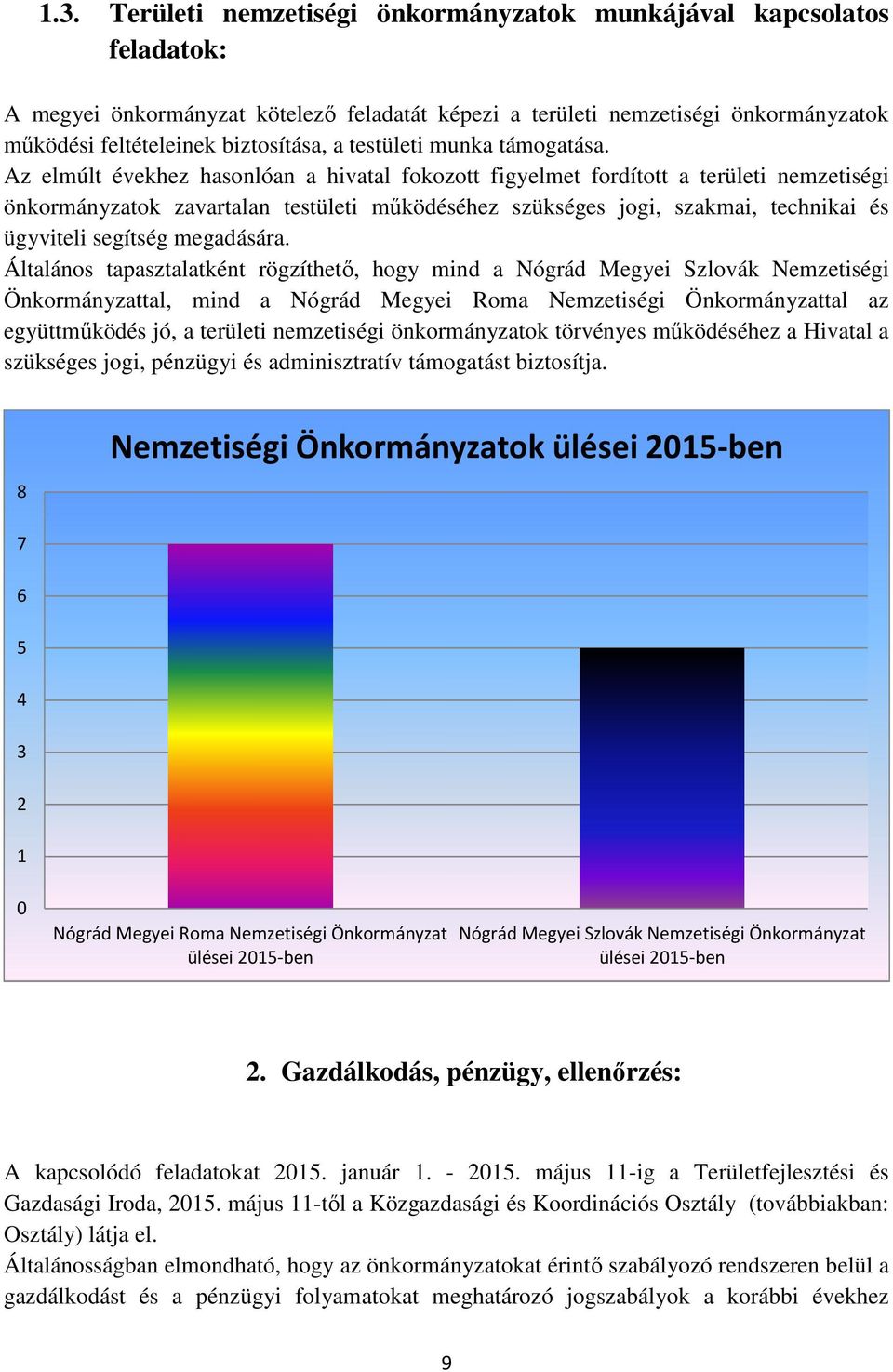 Az elmúlt évekhez hasonlóan a hivatal fokozott figyelmet fordított a területi nemzetiségi önkormányzatok zavartalan testületi működéséhez szükséges jogi, szakmai, technikai és ügyviteli segítség