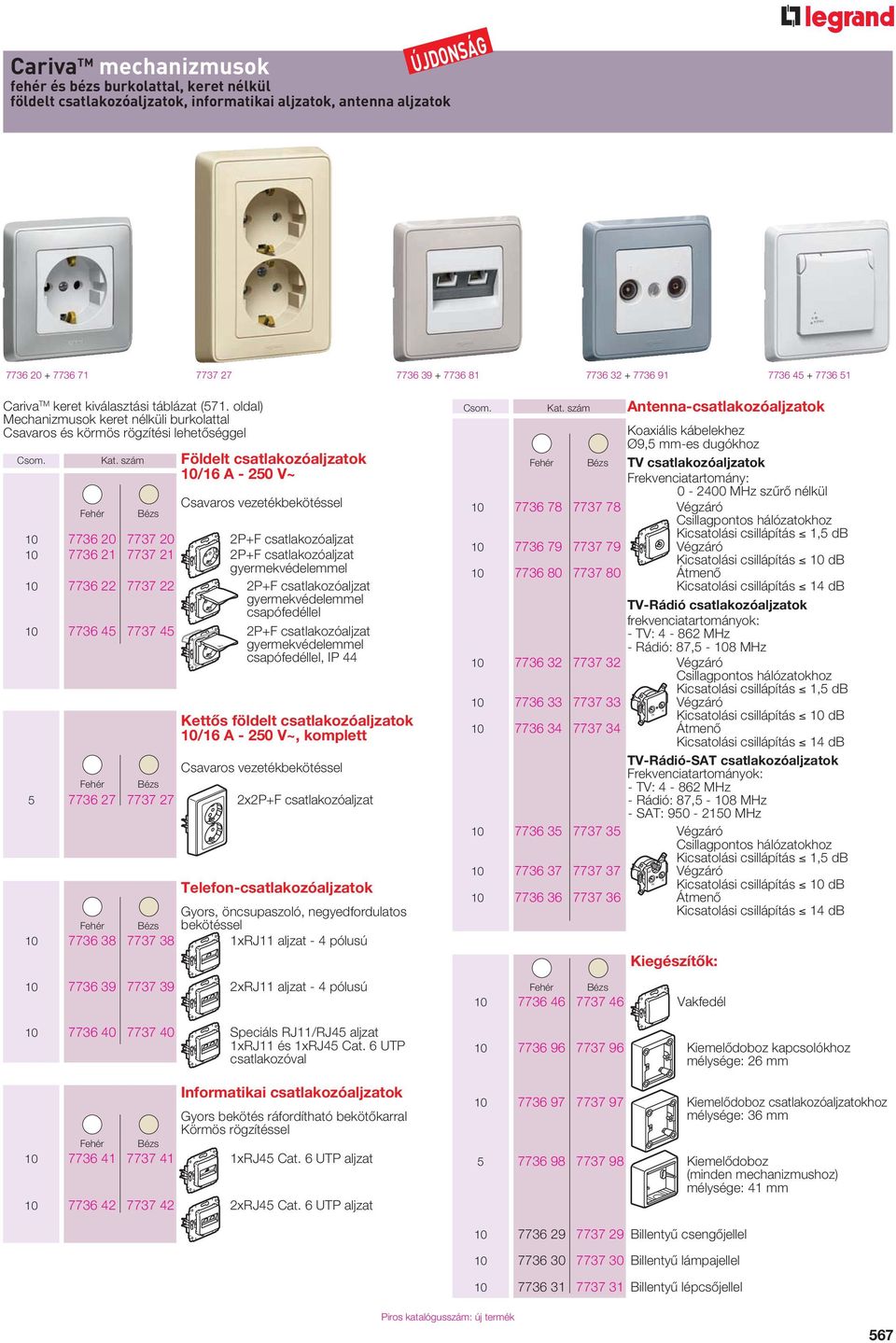 szám Földelt csatlakozóaljzatok 10/16 A - 250 V~ Csavaros vezetékbekötéssel 10 7736 20 7737 20 2P+F csatlakozóaljzat 10 7736 21 7737 21 2P+F csatlakozóaljzat gyermekvédelemmel 10 7736 22 7737 22 2P+F