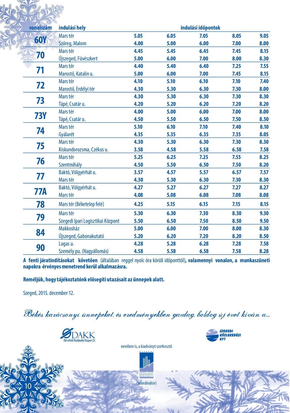 4.20 5.20 6.20 7.20 8.20 Mars tér 4.00 5.00 6.00 7.00 8.00 73Y Tápé, Csatár u. 4.50 5.50 6.50 7.50 8.50 Mars tér 5.10 6.10 7.10 7.40 8.10 74 Gyálarét 4.35 5.35 6.35 7.35 8.05 Mars tér 4.30 5.30 6.